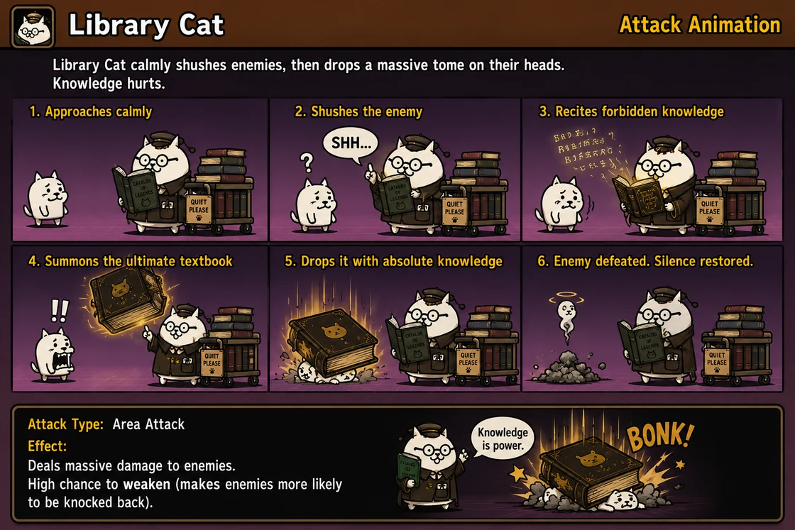 Library Cat attack animation — approaches, shushes, recites forbidden knowledge, summons the ultimate textbook, BONK