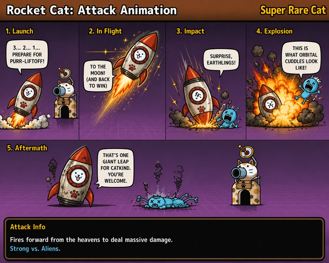 Rocket Cat attack animation — launch, in flight, impact, explosion, aftermath